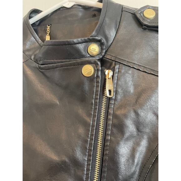 Steve Madden cropped black faux leather moto jacket fringe pockets logo medium - Picture 7 of 12